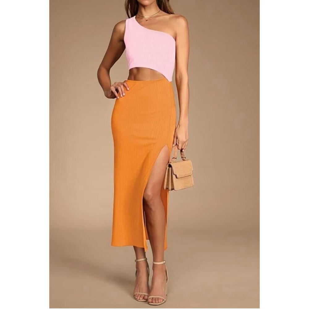 One-Shoulder Pink Crop Top with Orange High-Slit Maxi Skirt